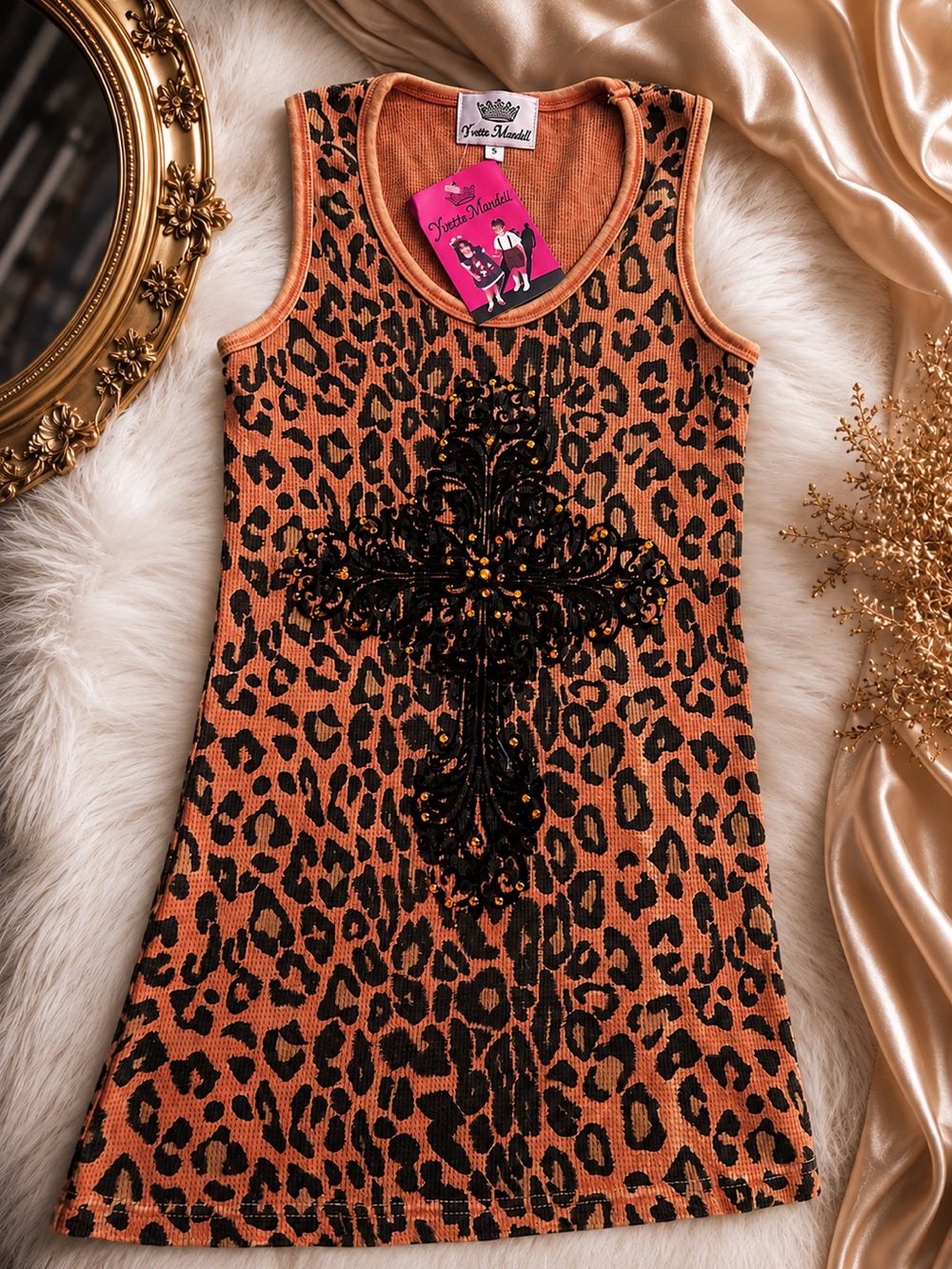 Yvette Mandell NWT Y2K Leopard Velvet Cross Rhinestone Tank Top S